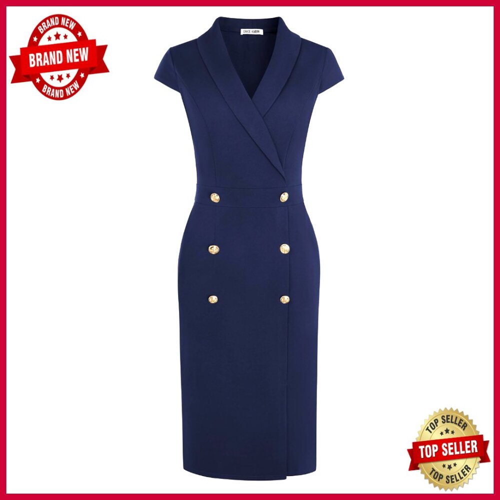 Work Bodycon Dress Cap Sleeve V-Neck Pencil Formal Office Outfit With Pockets